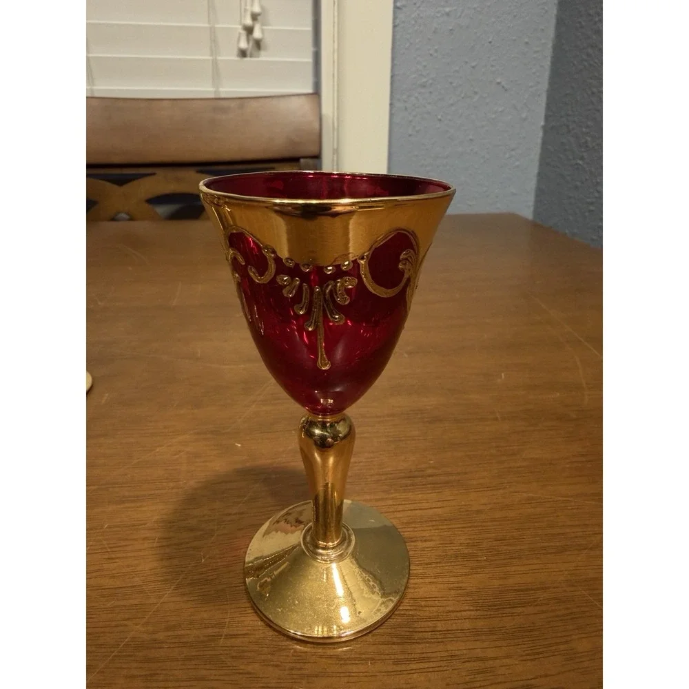 Lot Of 5 Vintage Handmade Murano Multi Color Gold Tre Fuochi Cordial Glasses
